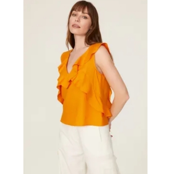 Marissa Webb RTR Golden Orange Linen Blend Ditsy Ruffle Top Women 4 MSRP:$210 - Picture 8 of 11